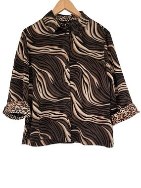 Tanjay Animal Print Collared Button Up 3/4 Sleeve Classy Blouse Size 8P